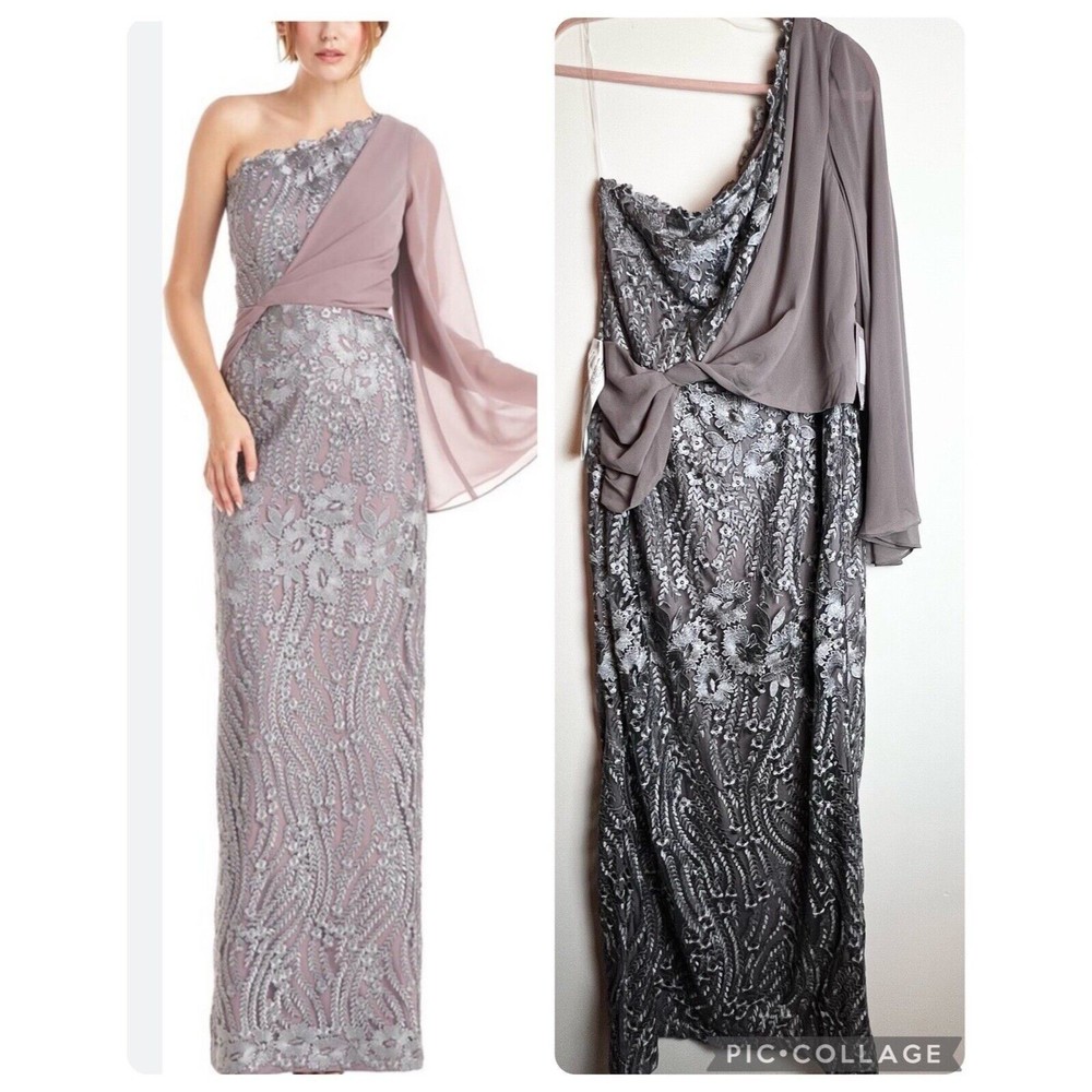 JS Collections One Shoulder Floral Gown Dress Steel Gray Lavender Sz 14 NWT